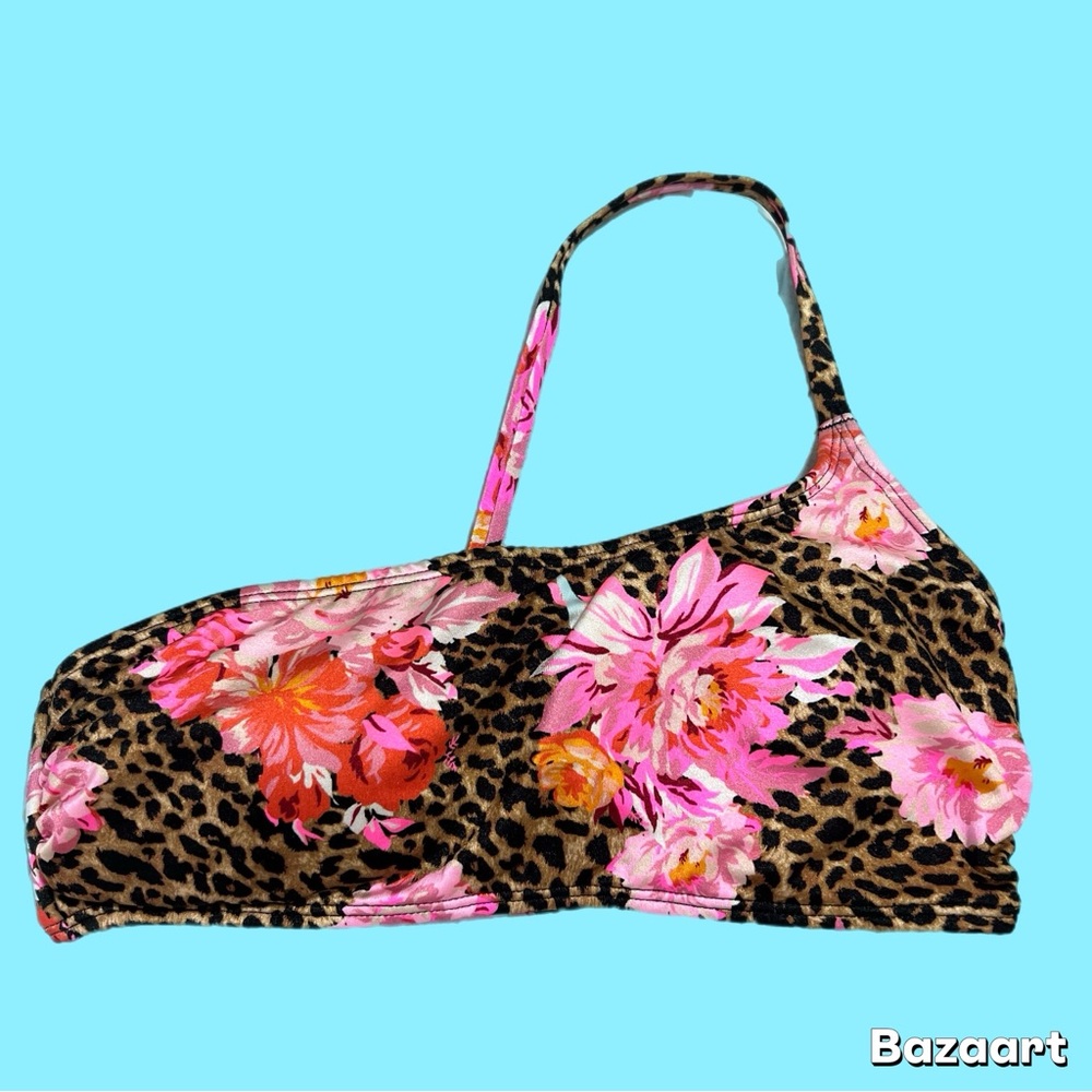Victoria's Secret One Shoulder Swimsuit Bikini Top Cheetah Animal Pink Floral M